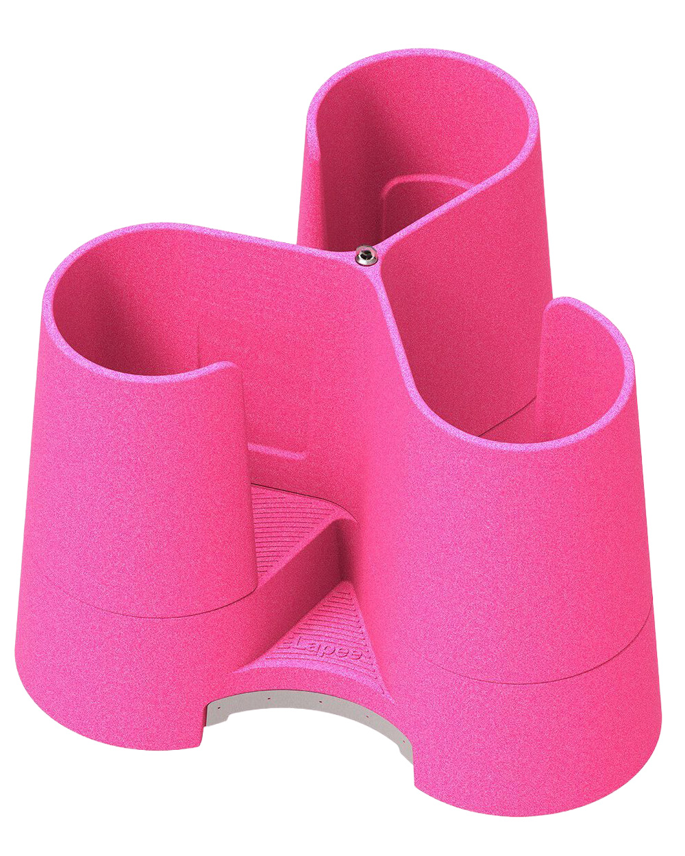 Pink plastic desk organizer with three cup-shaped compartments for pens, pencils, or small tools