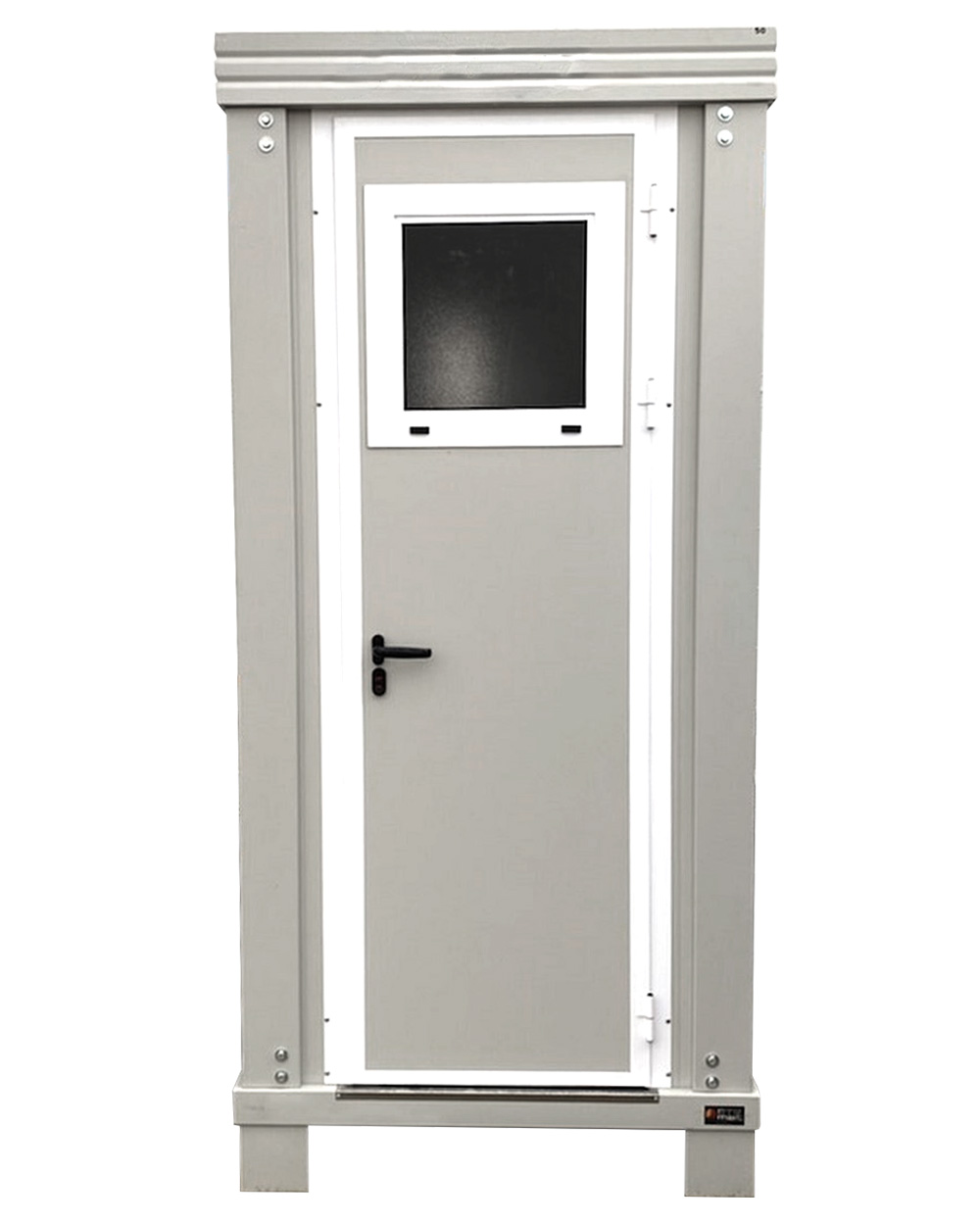 Grey industrial metal cabinet with a door and a small square window near the top, set in a metal frame.
