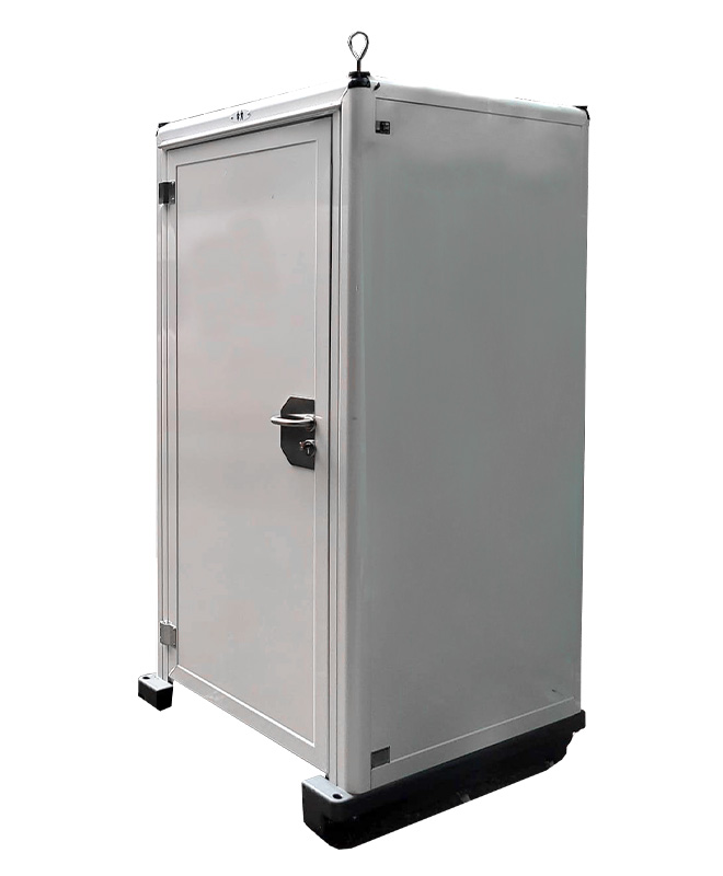 Tall gray steel storage cabinet with a lockable door and a lifting ring on top, standing on a black base.